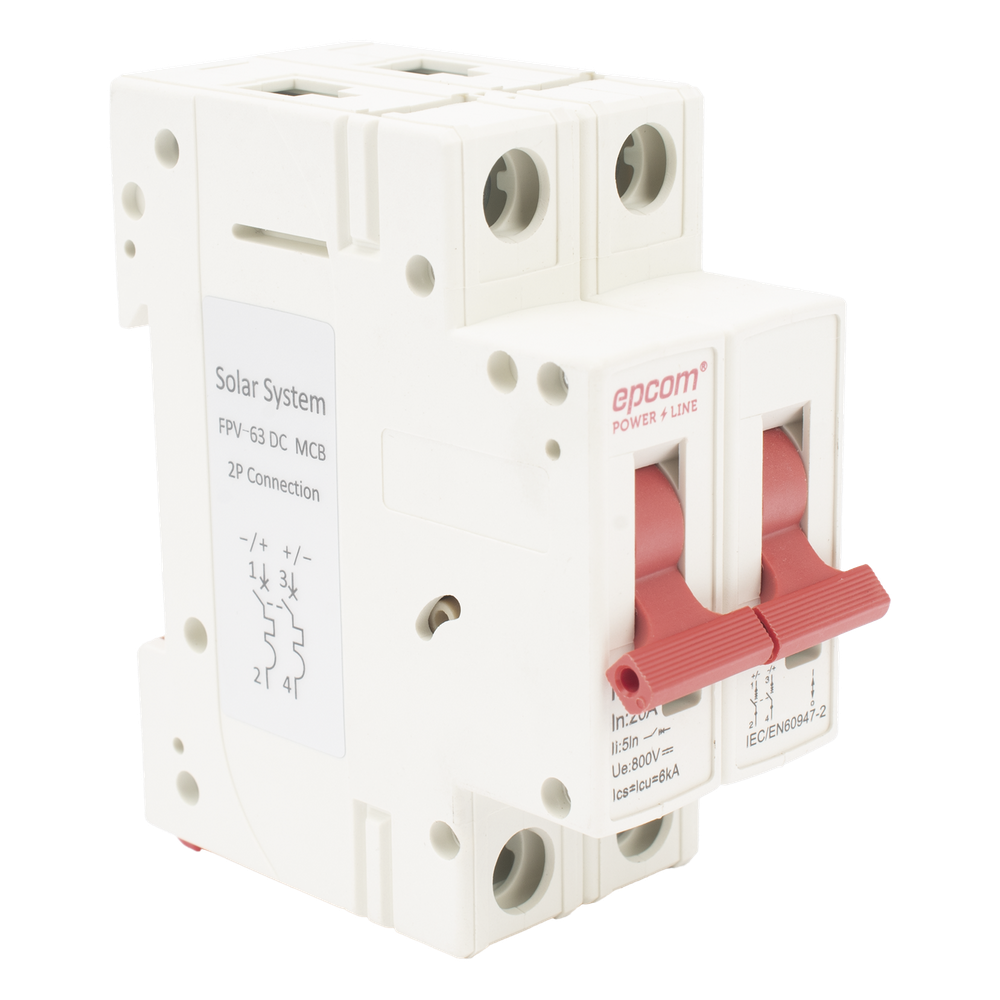 Interruptor termomagnético 2P 20A, Corriente Directa 800Vcd para Aplicación Fotovoltaica Montaje Riel DIN