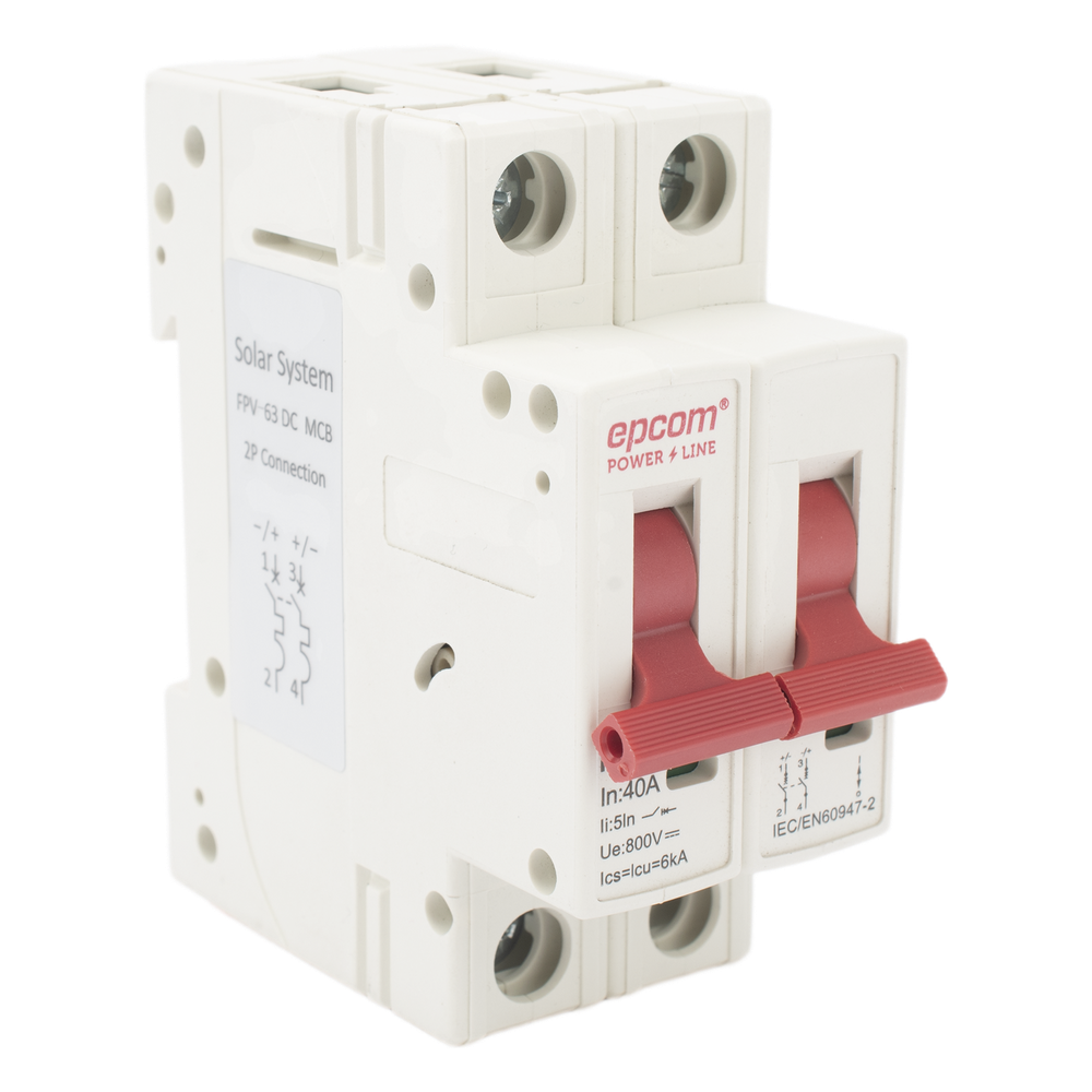 [FPV632PC40] 2P 40A Thermomagnetic Circuit Breaker, 800Vdc Direct Current for Photovoltaic Application DIN Rail Mount