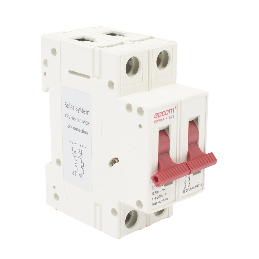 [FPV632PC63] Interruptor termomagnético 2P 63A, Corriente Directa 800Vcd para Aplicación Fotovoltaica Montaje Riel DIN